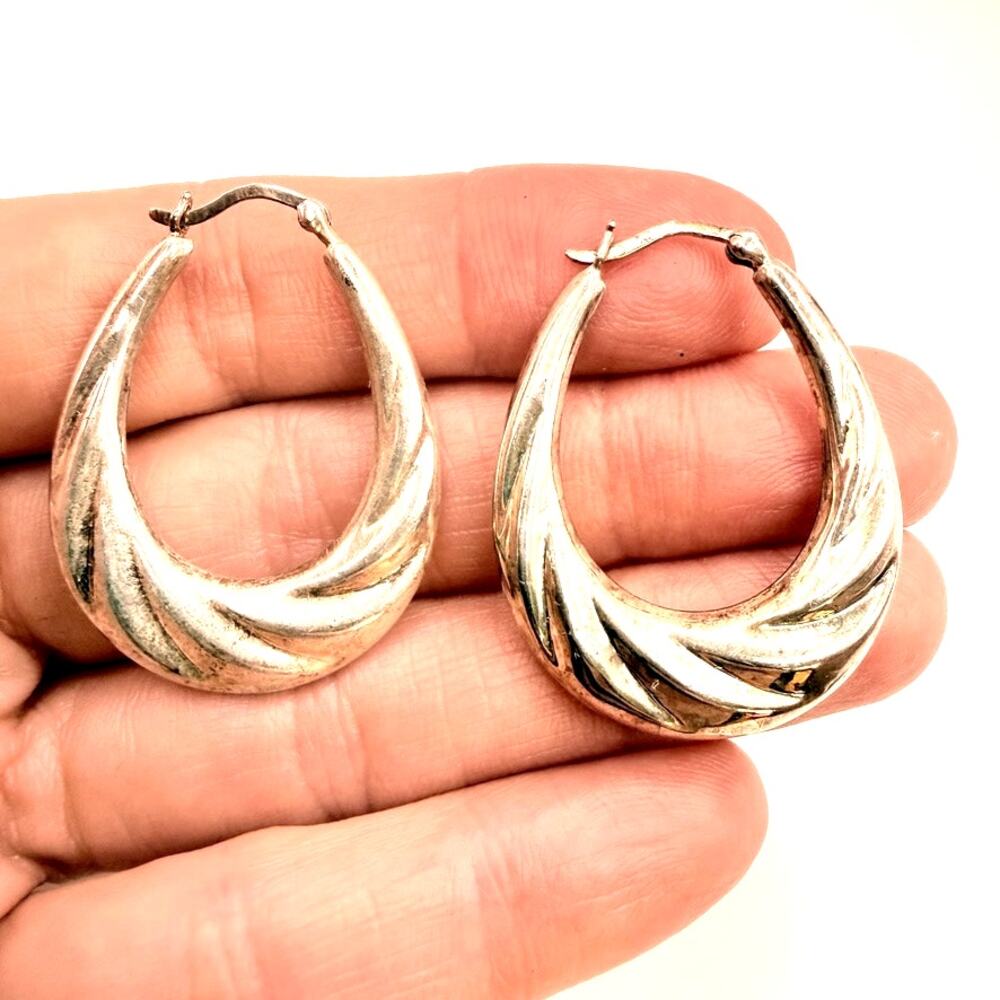 Vtg Signed HMN 925 Silver Puffy Hoop Earrings Boho Oval Swirl Twisted Texture